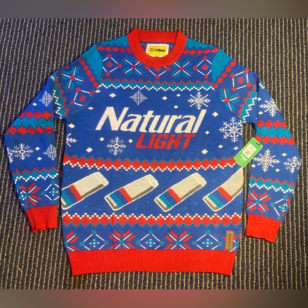 NWT Natural Light Beer Tipsy Elves Crew Neck Ugly Xmas Christmas Sweater